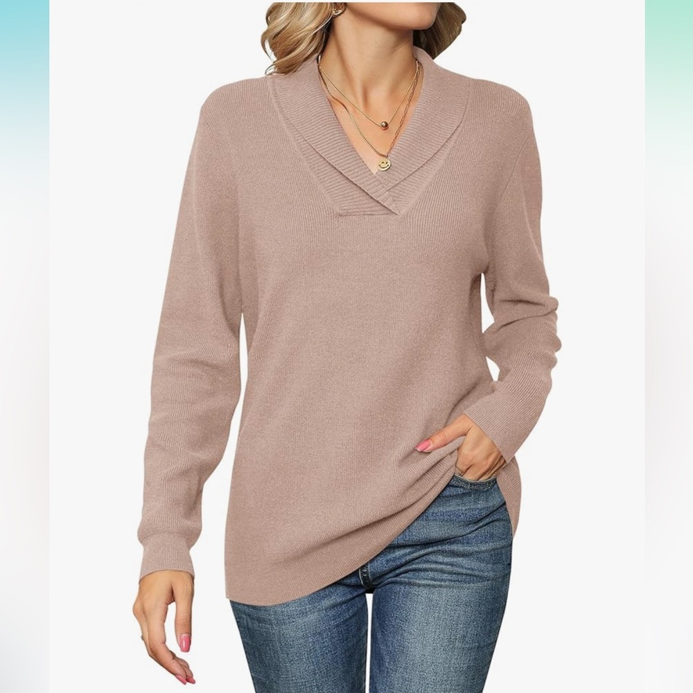 Ivicoer Women Beige Elegant Long Sleeve V-Neck‎ Pull Over Knitted Sweater Sz L